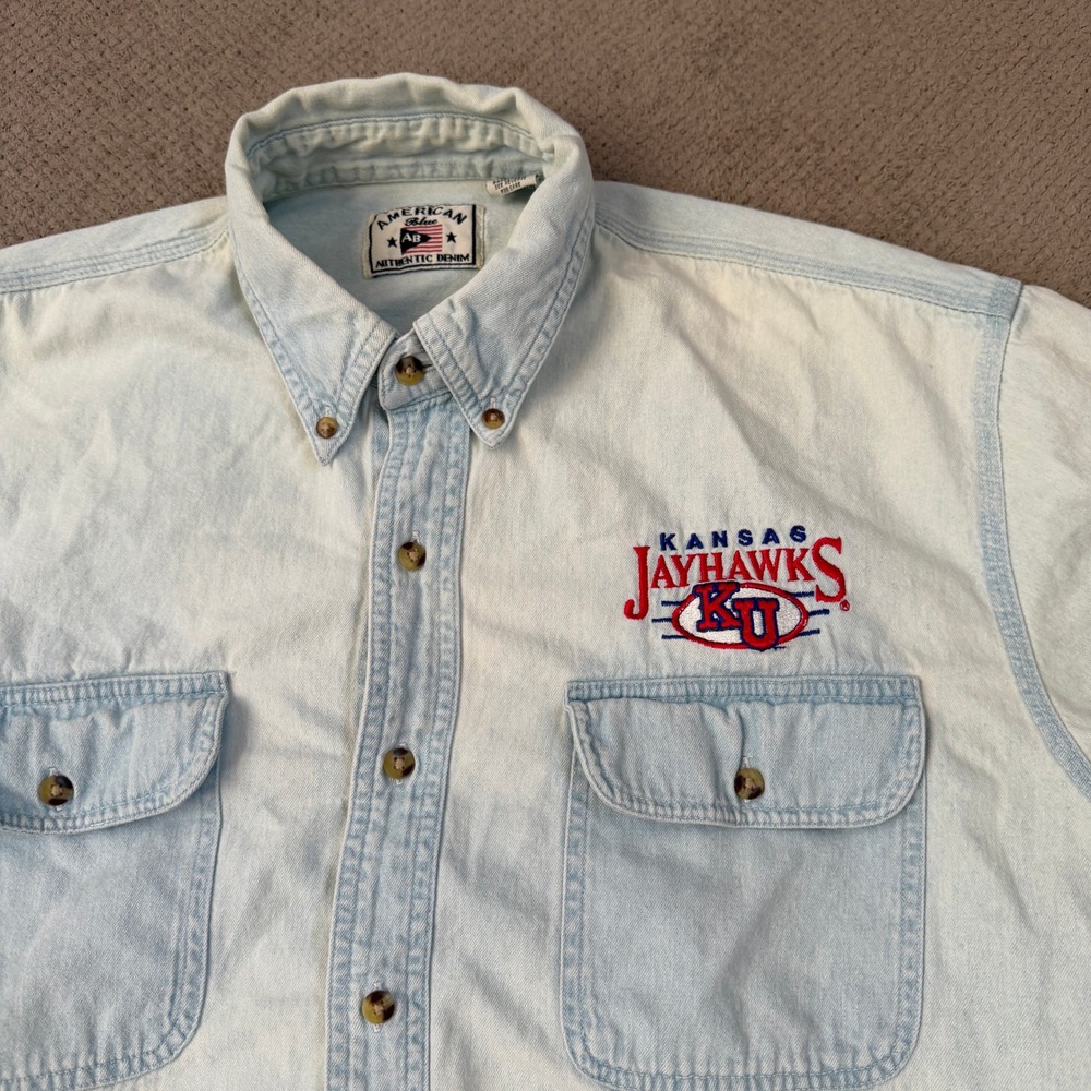 Vintage 1990s American Blue Kansas Jayhawks Denim Shirt Light Wash Mens Large